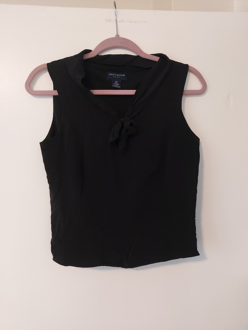 Ann Taylor Petites Size 8 Black Silk Tank Top Boat Neck Tie Front Preppy Summer